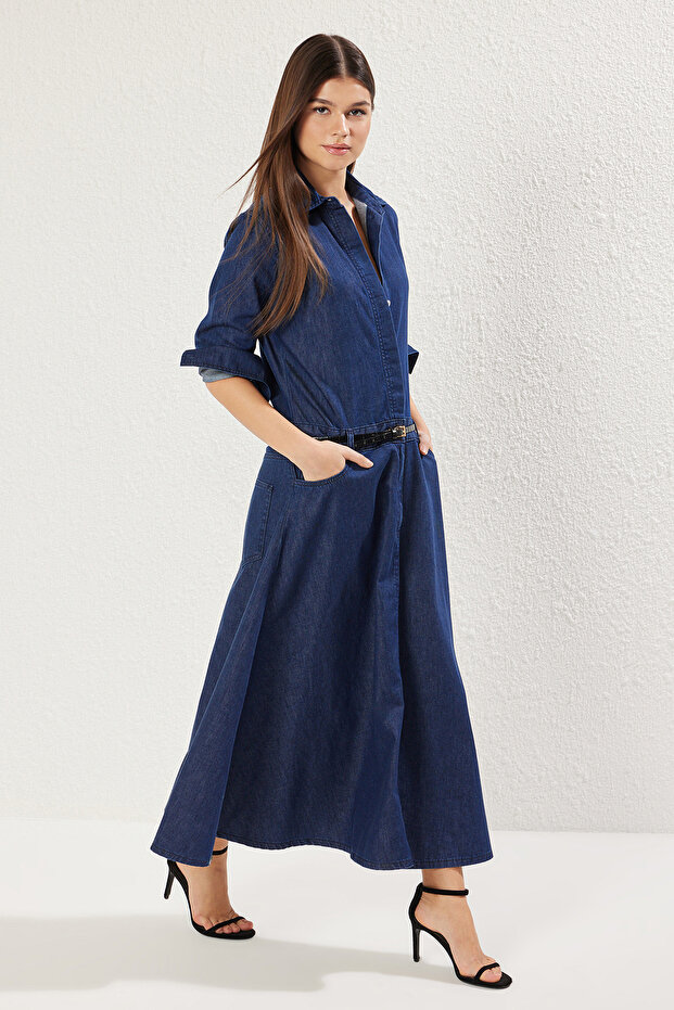 Koyu Mavi Eteği Volanlı Maxi Denim Gömlek Elbise TWOSS25EL00351 - 2