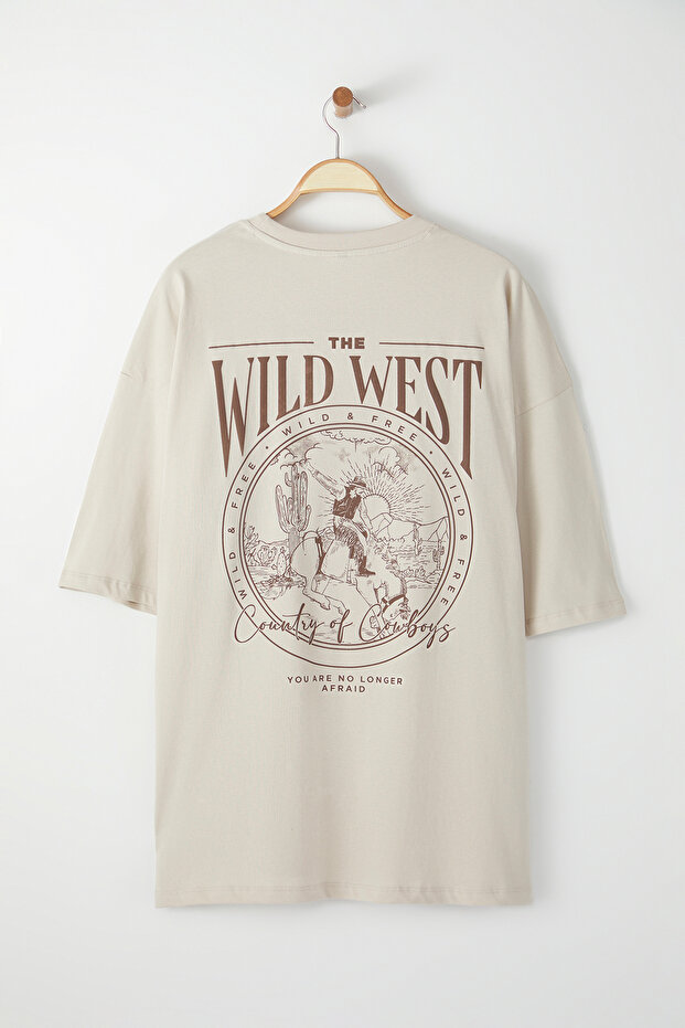 Büyük Beden Taş Oversize/Geniş Kesim %100 Pamuklu T-Shirt TMNSS25BF00008 - 3