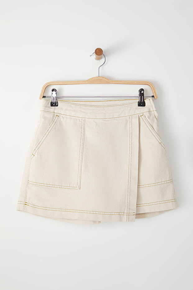 Ekru Kruvaze Normal Bel Mini Denim Şort Etek TWOSS25SR00046 - 5