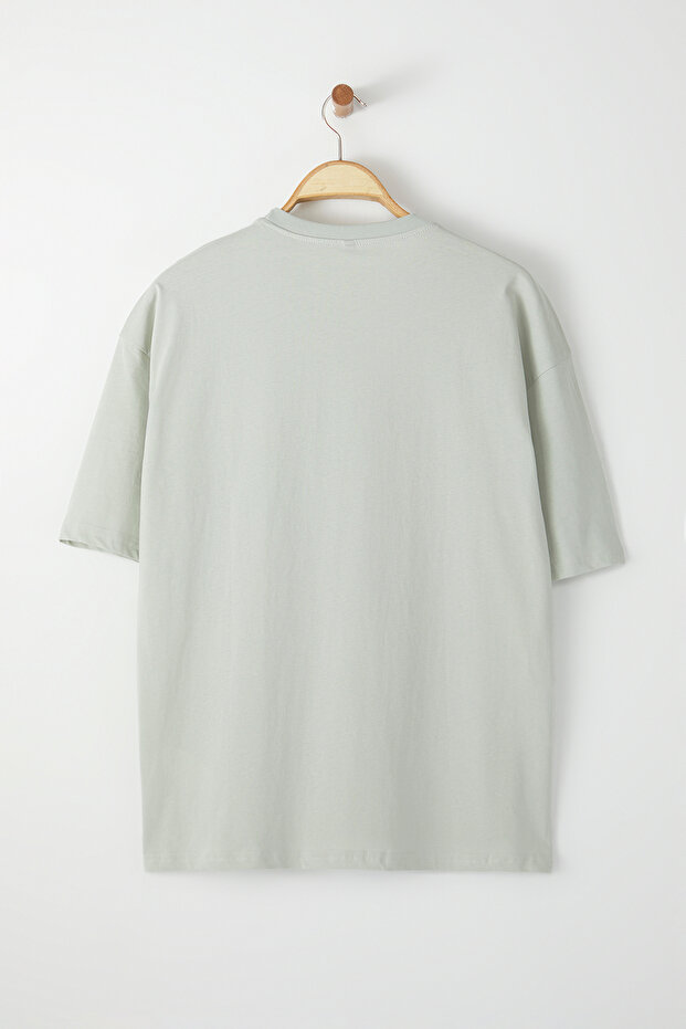 Gri Oversize/Geniş Kesim Kısa Kol Dinozor Nakışlı %100 Tok Kumaş T-shirt TMNSS23TS00243 - 3