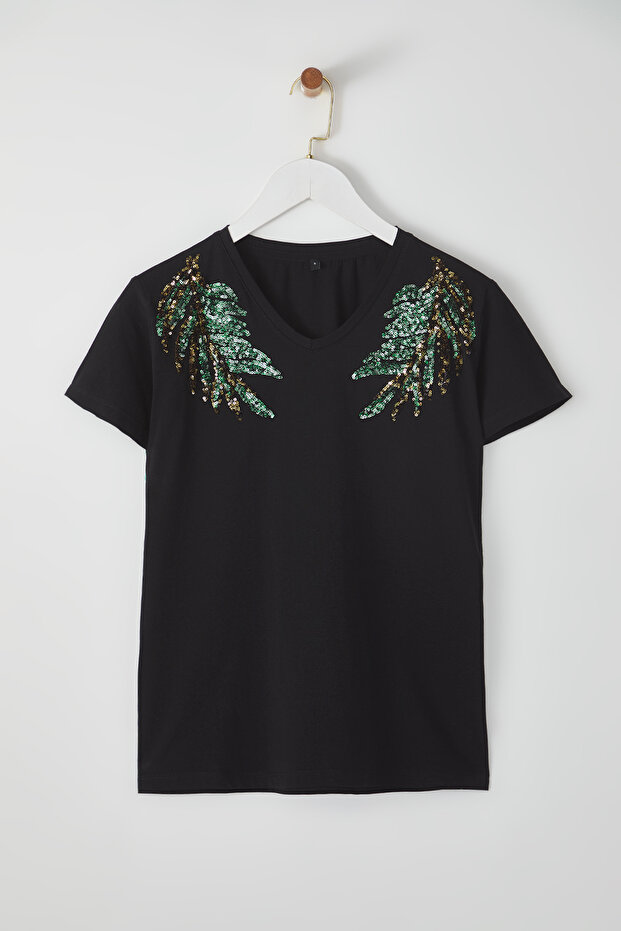 Siyah*001 %100 Pamuk Pul Payetli  Regular Örme T-Shirt TEDSS25TS00000 - 5