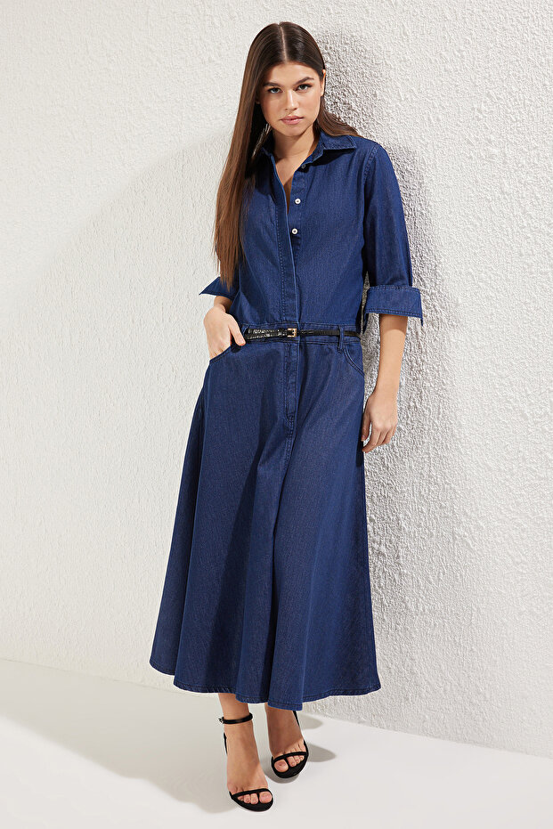 Koyu Mavi Eteği Volanlı Maxi Denim Gömlek Elbise TWOSS25EL00351 - 1