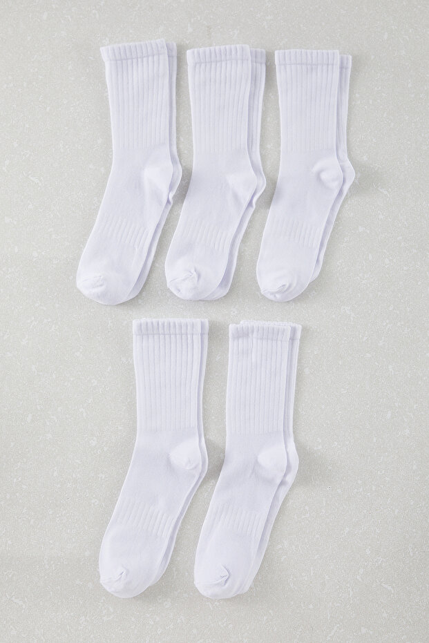 Beyaz Unisex 5'li Paket Pamuklu Dokulu Kolej/Orta Boy Çorap TMNAW25CO00011 - 2