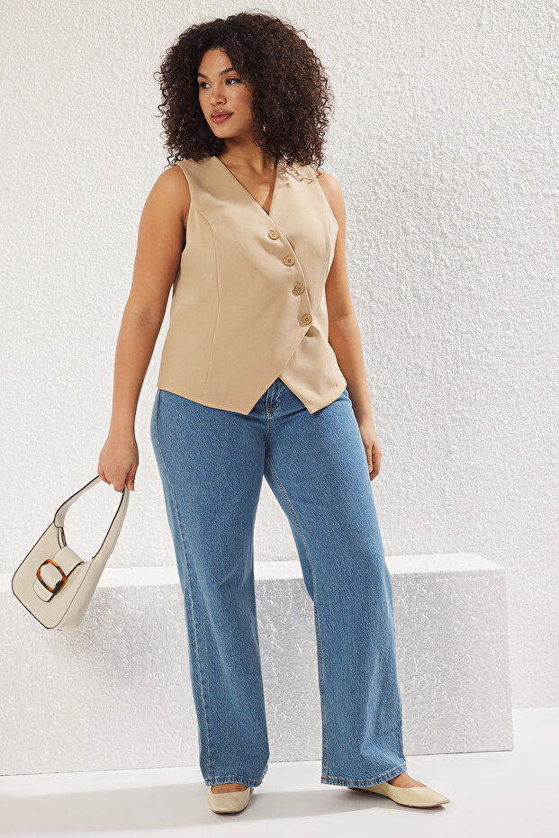 Mink Asymmetrical Button Plus Size Vest - Tbbss25Bh00000 - 2