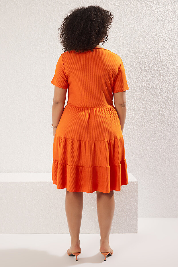 Помаранчева сукня з V-подібним вирізом Stakter Orme Plus Size TBBSS22EL1638 - 5
