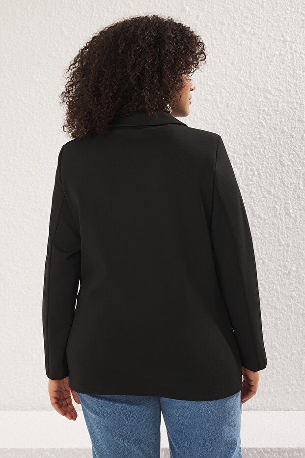 Plus Size Czarna marynarka - dwurzędowe zapięcie, elastyczna dzianina Tbbss25Ag00005 - 5