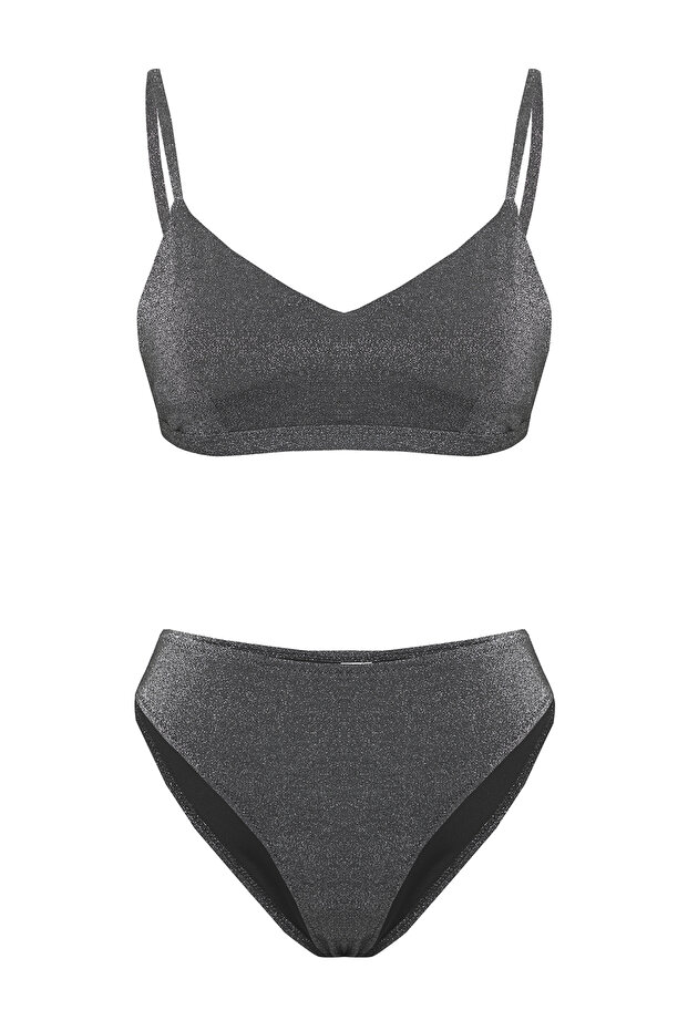 Siyah Simli Bralette Kaplı Regular Yüksek Bel Bikini Takımı TBESS25BT00109 - 6