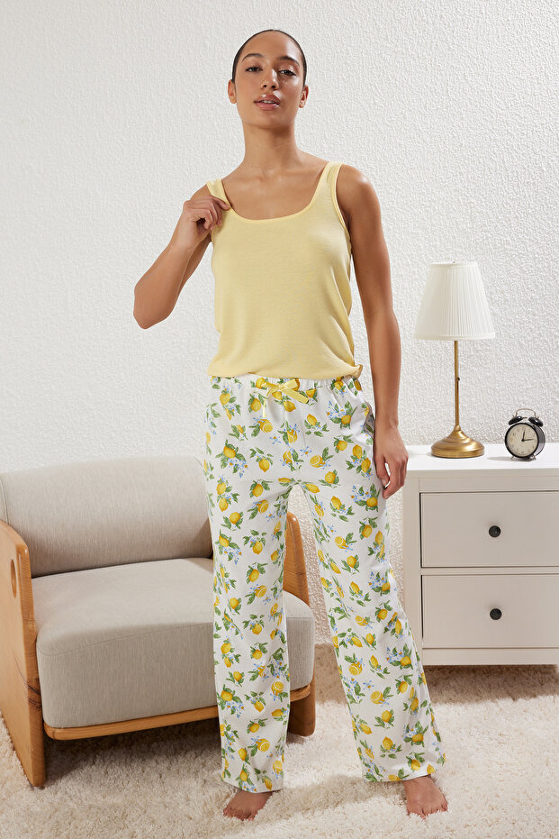 Sarı Limon Desenli Fitilli Örme Pijama Takımı THMSS25PT00122 - 1