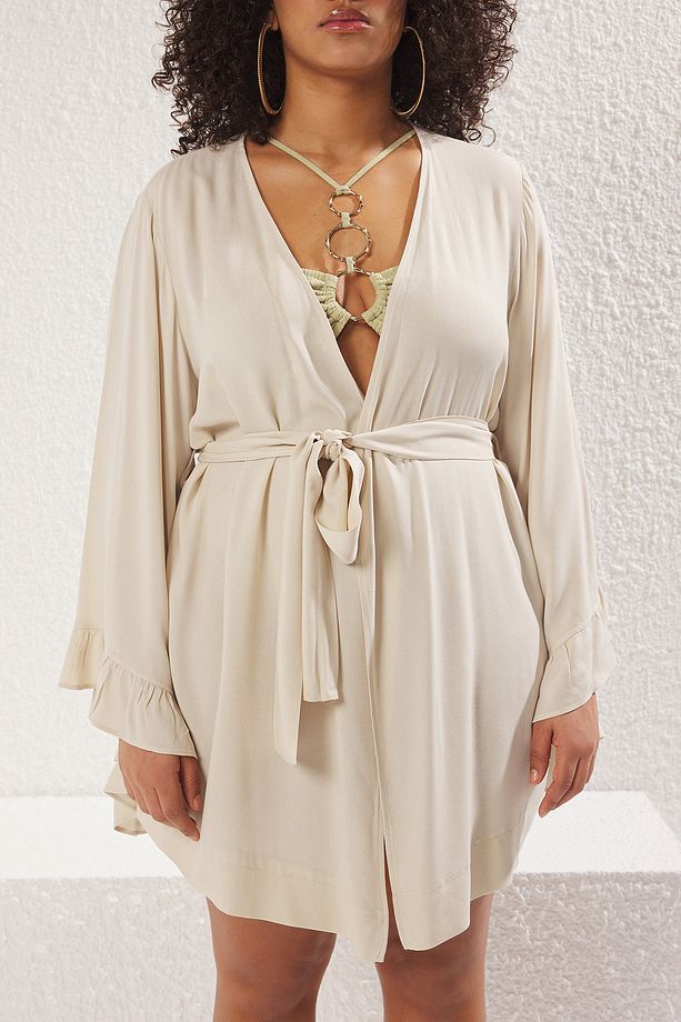 Ekru Kolu Fırfırlı Volanlı Viskon Plaj Giyim Dokuma Büyük Beden Kimono&Kaftan TBBSS23DE00001 - 3