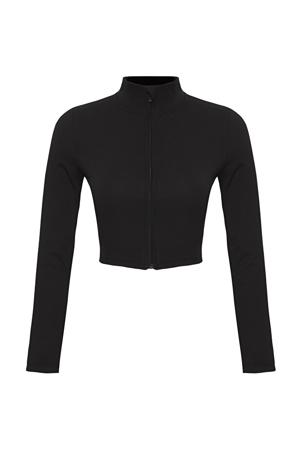 Siyah Soft Fırçalı Kumaş Fermuarlı Örme Spor Ceket/Sweatshirt THMSS25SK00000 - 7