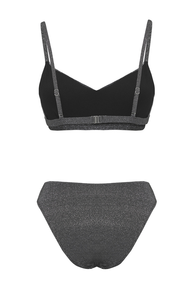 Siyah Simli Bralette Kaplı Regular Yüksek Bel Bikini Takımı TBESS25BT00109 - 7