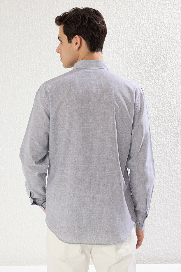 Lacivert Regular Fit Flamlı Çizgili Keten Görünümlü Nakışlı Şık Gömlek TMNSS25GO00034 - 6