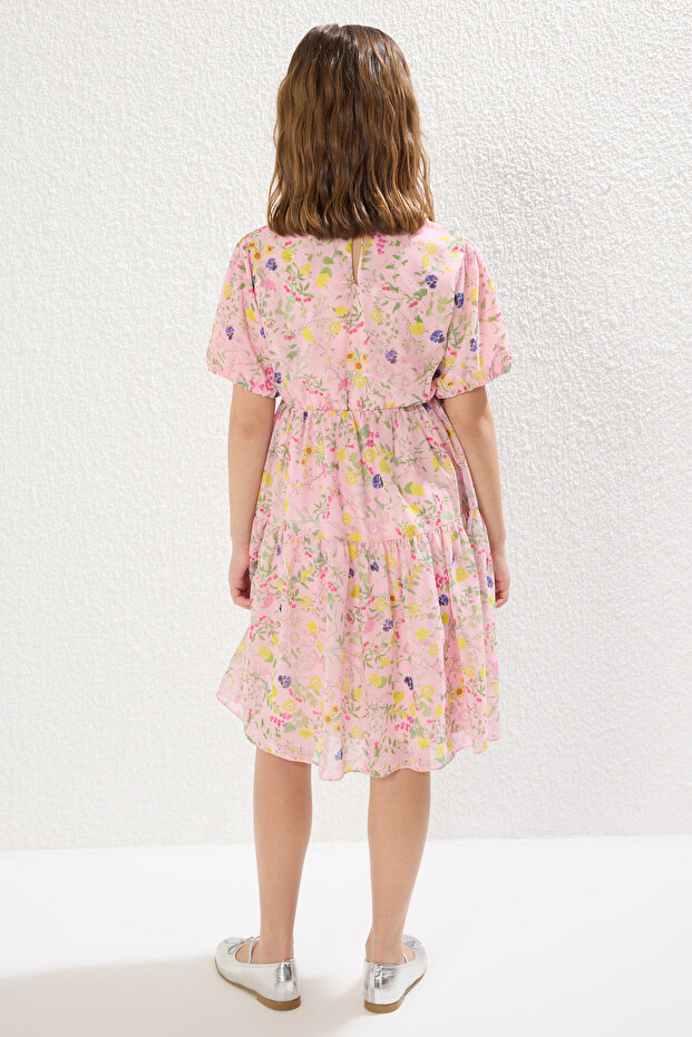 Pembe Kız Çocuk Mini Me Çiçekli Dokuma Anne-Kız Elbise TKDSS25EL00056 - 6