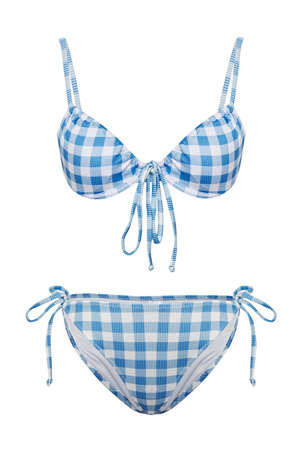 Ekose Desenli Tünelli Balconette Kaplı Regular Normal Bel Bikini Takımı TBESS25BT00093 - 5