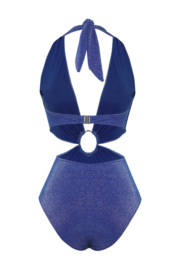 Saks Derin V Yaka Cut Out Detaylı Aksesuarlı Simli Regular Mayokini TBESS25MY00005 - 6
