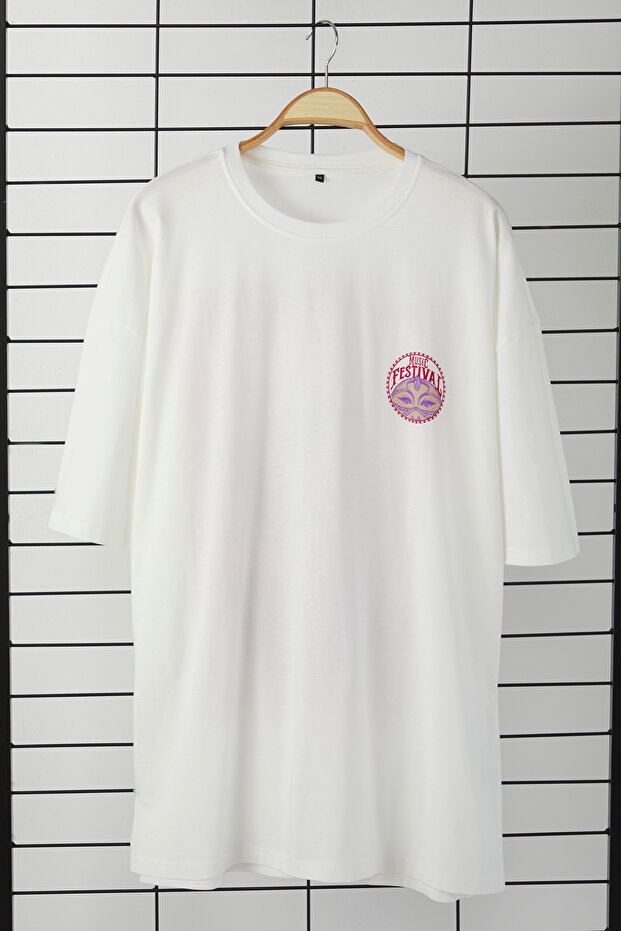 Büyük Beden Ekru Unisex Oversize/Geniş Kesim Etnik Sırt Baskılı %100 Pamuk T-shirt TMNSS25BF00019 - 4