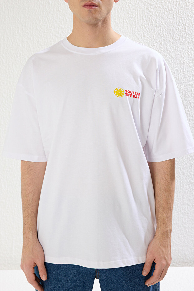 Beyaz Oversize/Geniş Kesim Limon Baskılı %100 Pamuklu T-Shirt TMNSS23TS00089 - 3