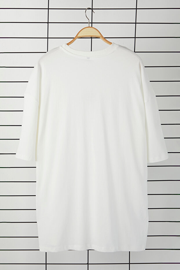 Büyük Beden Ekru Oversize/Geniş Kesim %100 Pamuklu T-Shirt - 5