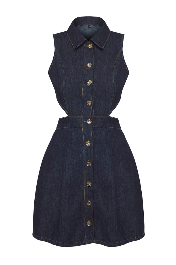 Koyu Mavi Bel Dekolteli Cut-Out Detaylı Gömlek Yaka Mini Denim Elbise TWOSS25EL00505 - 3