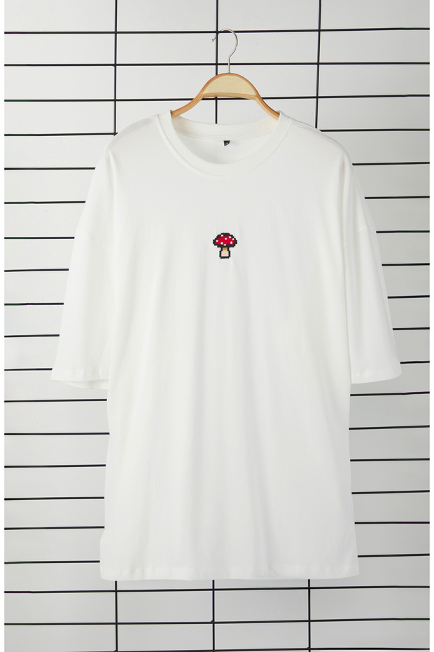 Büyük Beden Ekru Oversize/Geniş Kesim %100 Pamuklu T-Shirt - 3