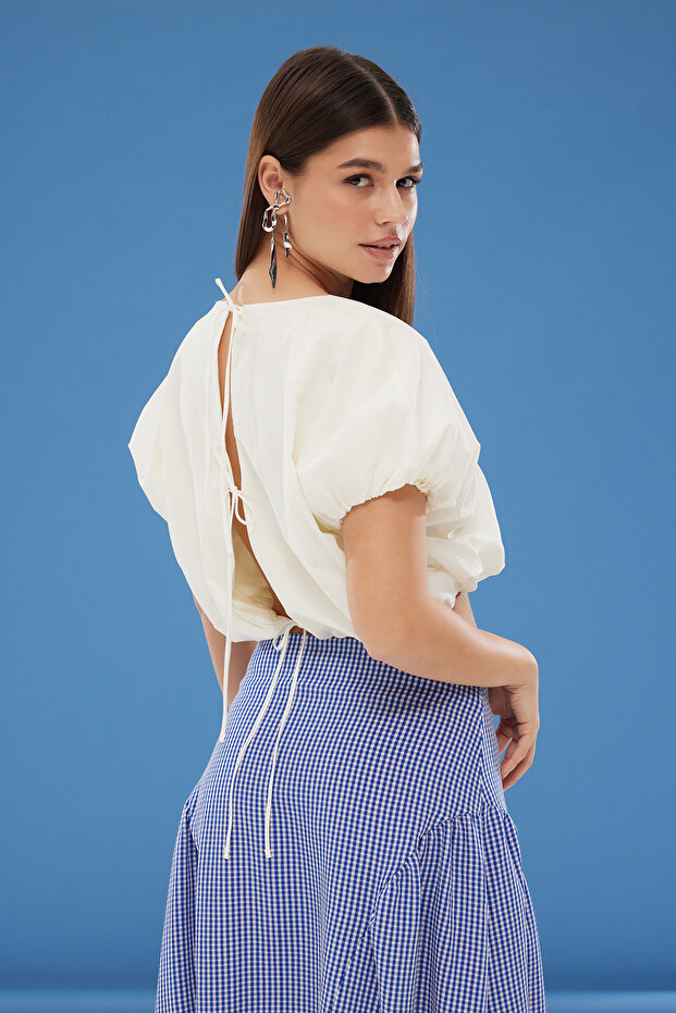 Bej Balon Kalıp Crop Dokuma Bluz TWOSS25BZ00162 - 1