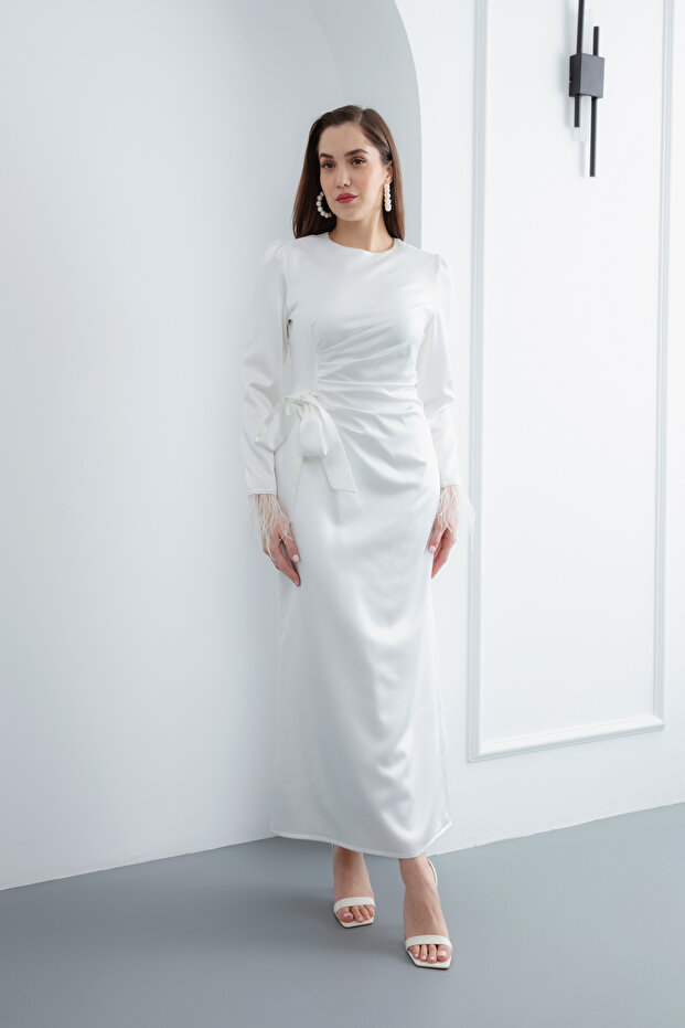 Women's White Sleeves Shaggy Satin Evening Dress