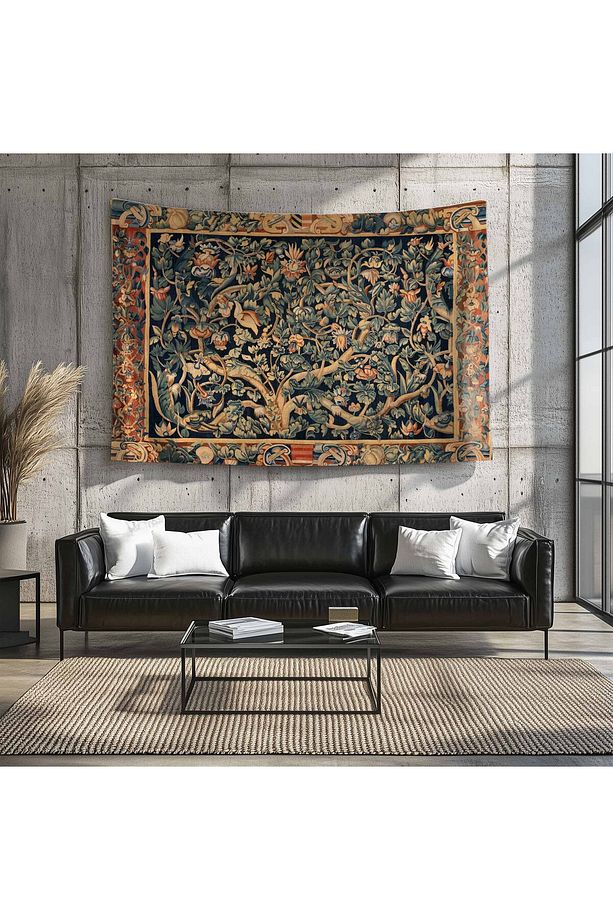 Vintage Fransız Retro Yaşam Ağacı Desenli Duvar Örtüsü Duvar Halısı Tapestry - 6