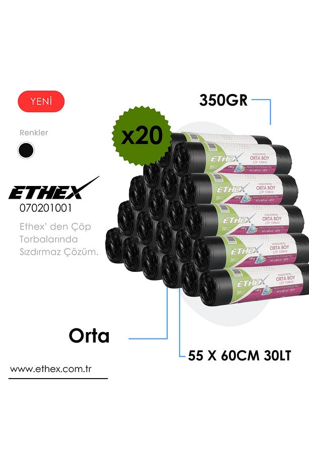 Endüstriyel Orta Çöp Torbası/poşeti (10 ADET 150GR 55 X 60 CM 30LT 20 RULO) - 1
