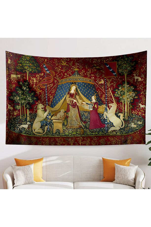 Ortaçağ Unicorn Kadın Vintage Desenli Duvar Örtüsü Duvar Halısı Tapestry - 1