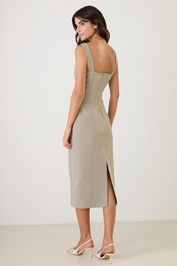 Olive Slim Fit Square Neck Thick Strap Pocket Detailed Midi Length Dress - 2