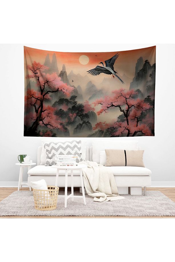 Japon Tarzı Sakura Doğa Manzara Desenli Duvar Örtüsü Duvar Halısı Tapestry - 2