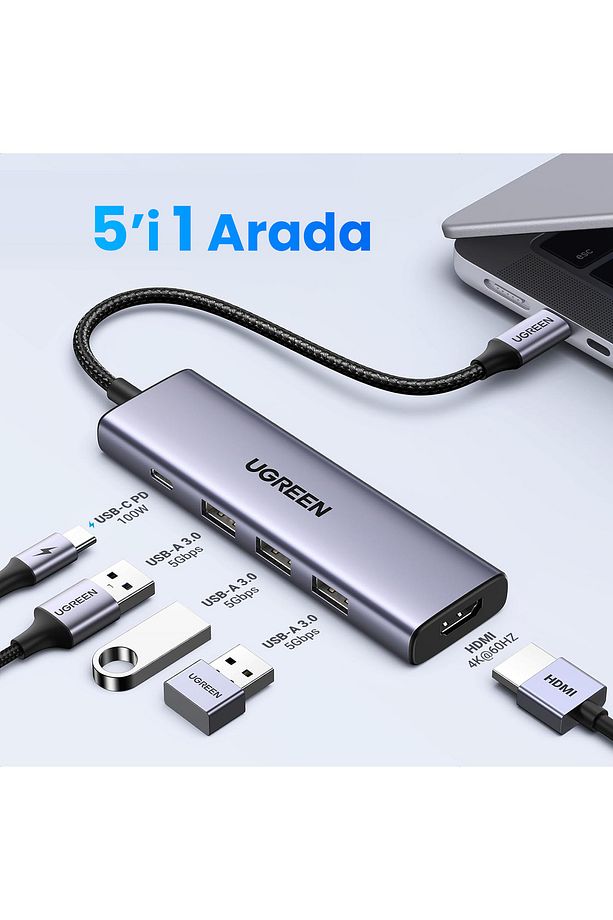 5-in-1 USB-C 100W PD 4K HDMI Hub Çoklayıcı, Gri - 15596 - 5