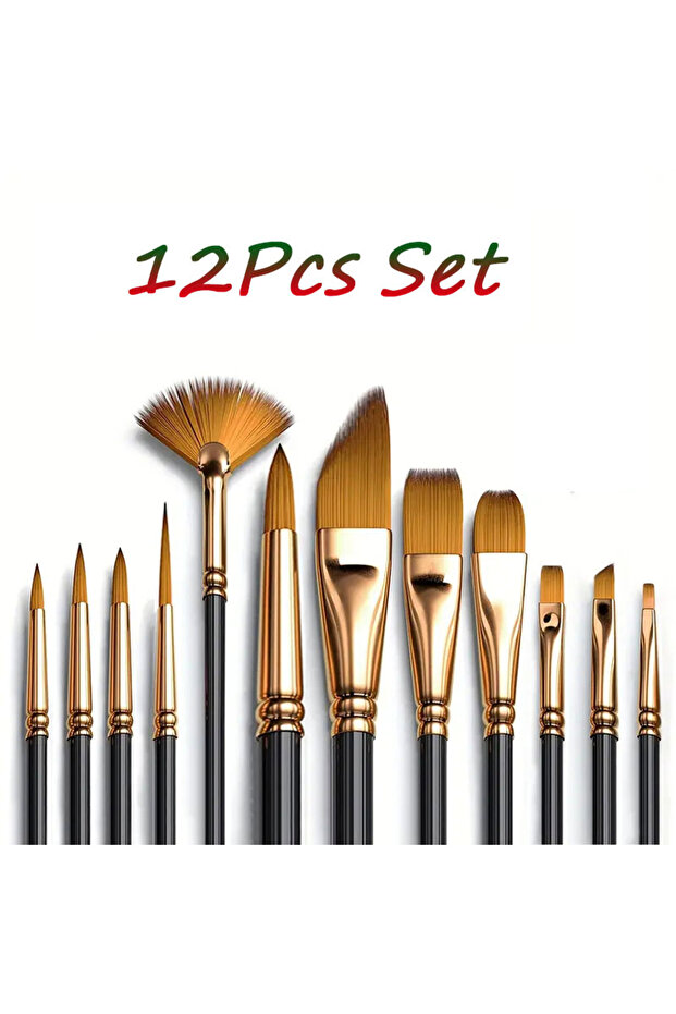 black 12Piece Nylon Bristle Brush Set, Nylon Flat Brushes Watercolor Brushes Oil Paint Brushes For A