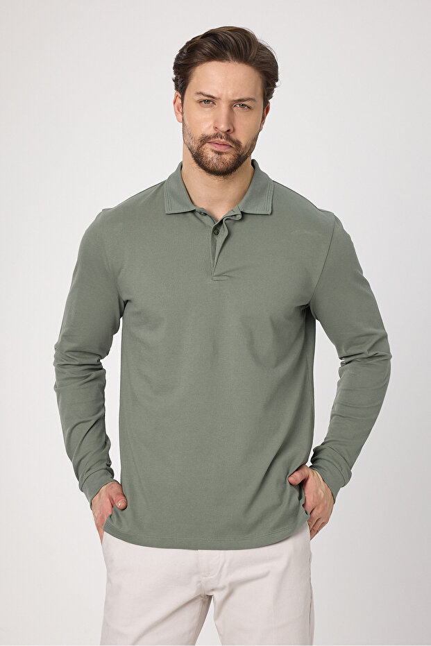 Fonte Men's Green 100% Cotton Pique Knitted Stretchy Fabric Slim Fit Long Sleeve Polo T-Shirt