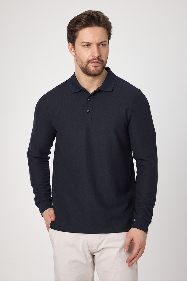 Lewin Men's Navy Blue 100% Cotton Waffle-Free Stretching Fabric Slim Fit Long Sleeve Polo T-Shirt