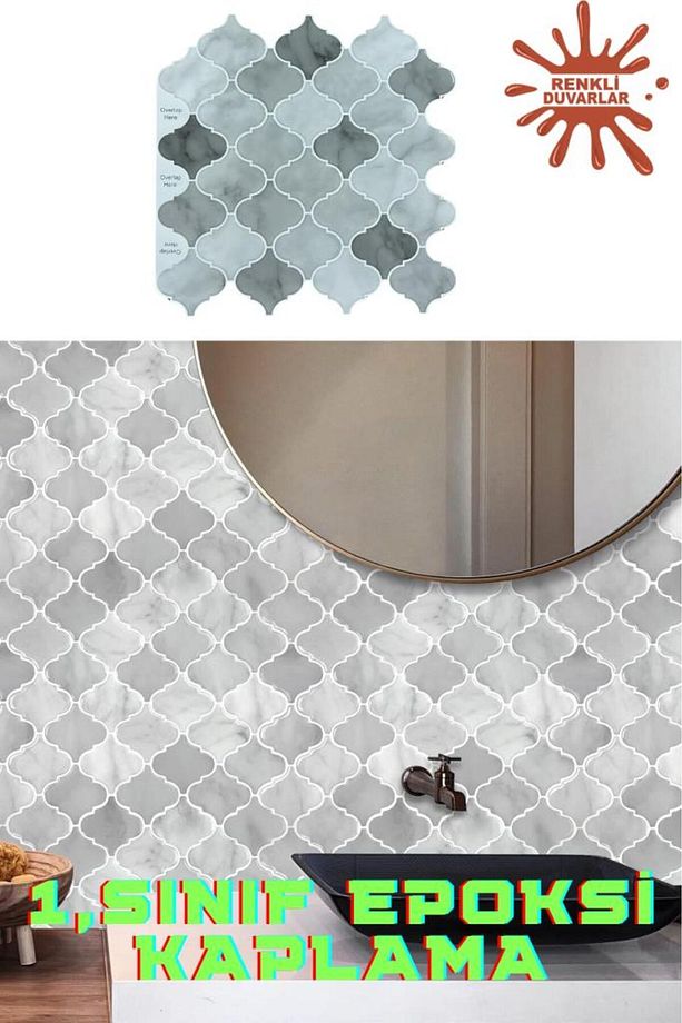 30×30cm Arabesk Çini Epoksi 1 Adet 3D Yapışkanlı Duvar Kaplama Paneli Mutfak Banyo Salon Ofis Döşeme - 4