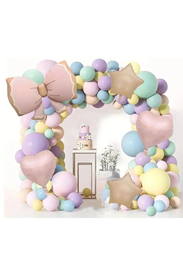 Retro Pink Color Bow Makaron Pink Star Beige Heart Foil Ballone Birthday Party Set Ornament