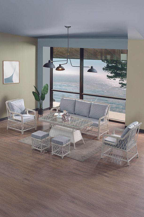 Edra Rattan Puflu Bahçe Balkon Takımı 3+1+1+Camı Masa Kemik Rengi - 1