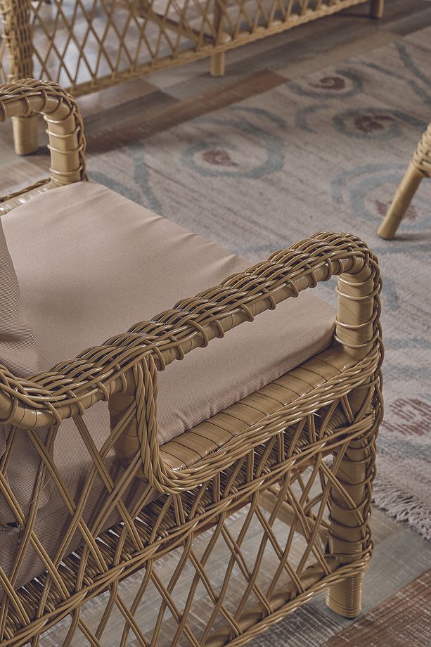 Edra Rattan Puflu Bahçe Balkon Takımı 3+1+1+Camlı Masa Cappuccino - 6