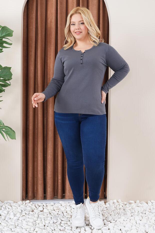 Plus Size Button Detailed Cotton Lycra Basic Blouse - 4