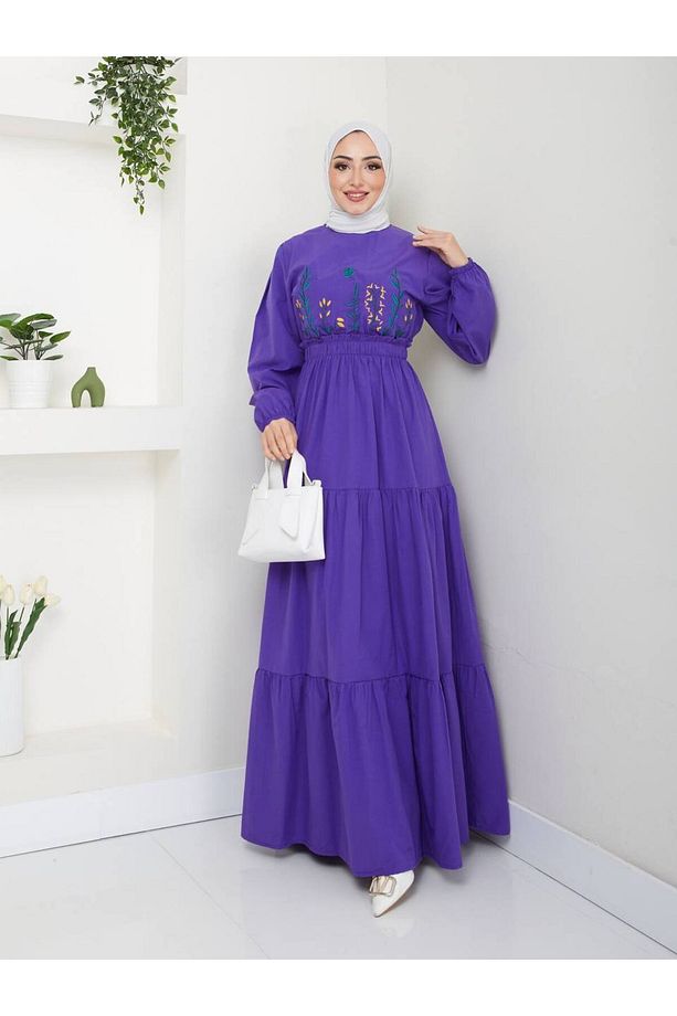 çiçek desenli poplin elbise kadın tesettür - 1