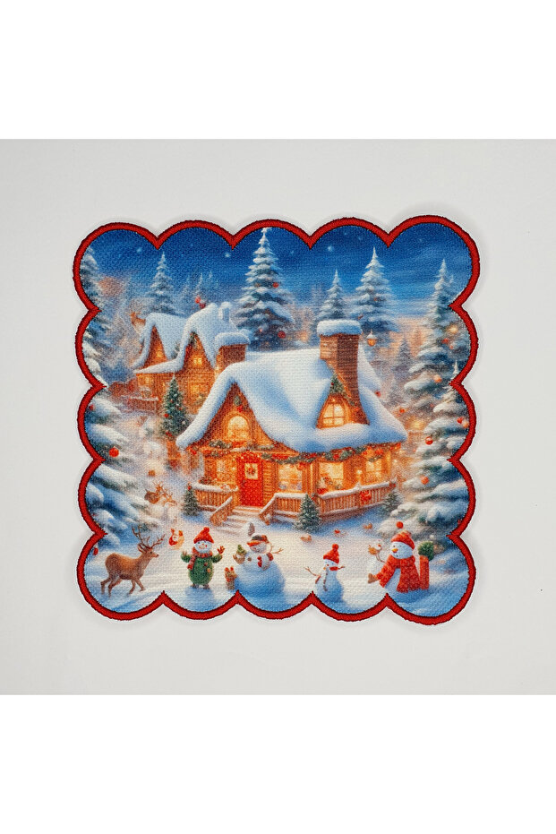 Fairytale New Year's House under the Snow Digital Printed Embroidered Cocktail Napkin