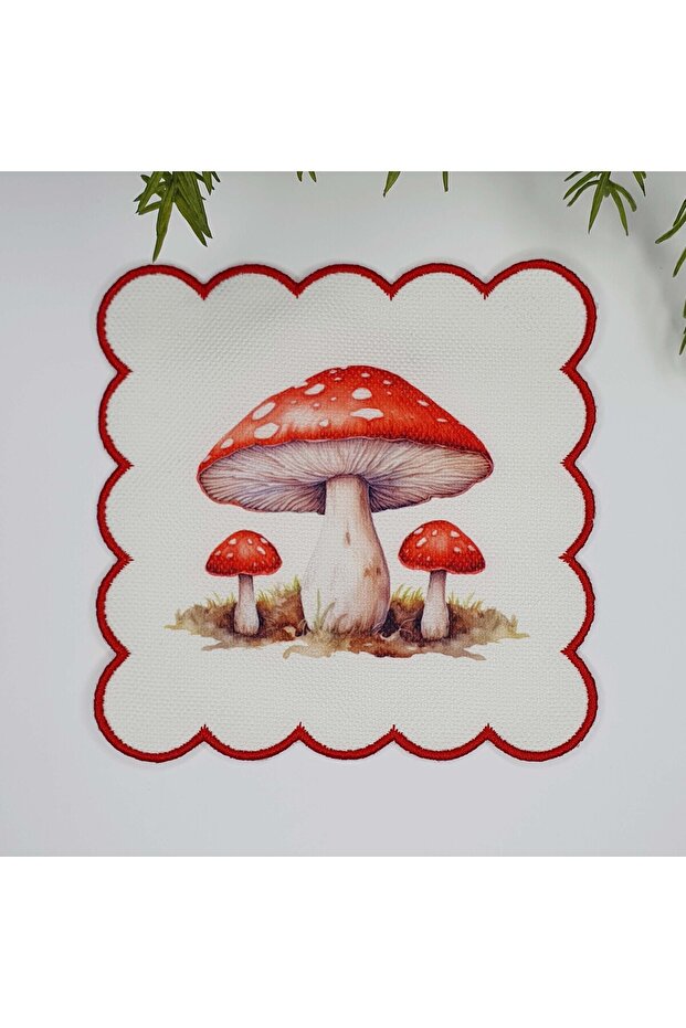 Watercolor Mushroom Patterned Embroidery Edge Fabric Cocktail Napkin 1 Piece