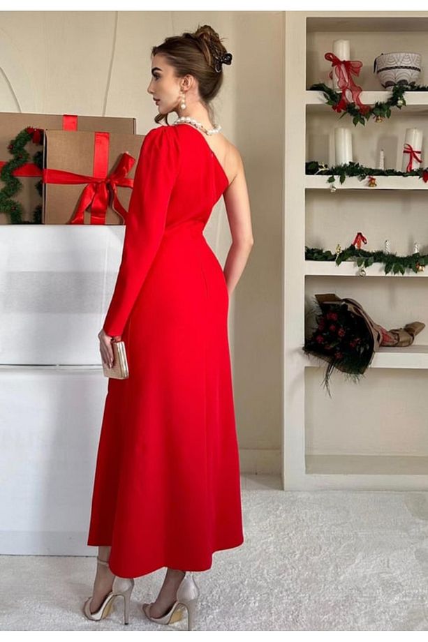 Tek Kollu Gül Detaylı Elbise - 5