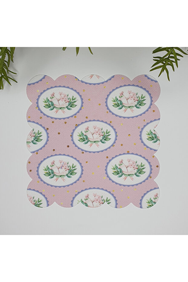 Digital Printed Fabric Cocktail Napkin with Powder Floor Flowers Bouquets and Score Pattern 1 Piece