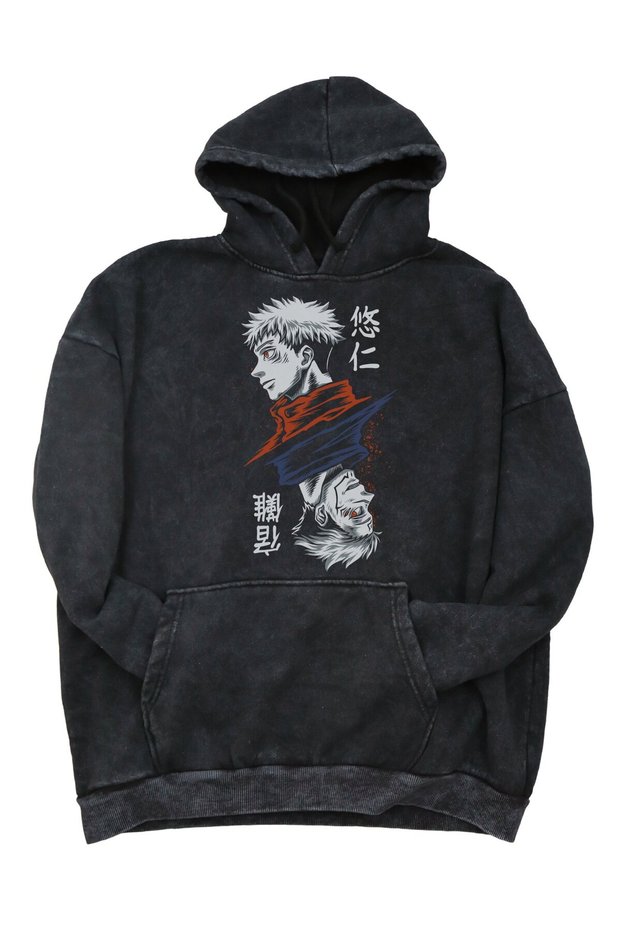 Oversize Ryomen Sukuna Printed Hooded Washable Sweatshirt, Unisex Jjk Anime Themed Hoodie