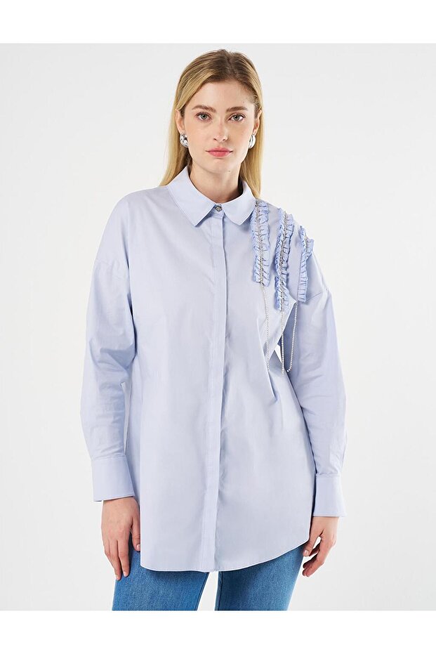 Fırfırlı Poplin Tunik Mavi - 1