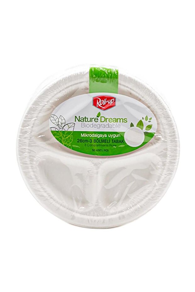 Nature Ekolojik Karton Kağıt Tek Kullanımlık 3 Bölmeli Tabak - 26 Cm. - 50 Adetlik 1 Paket - 2