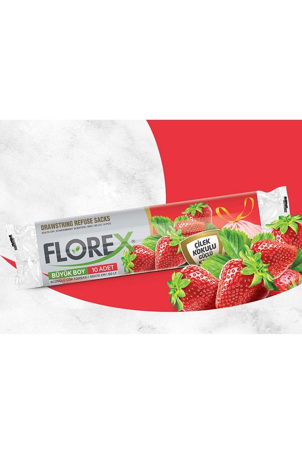 60 Litre Büzgülü Çilek Kokulu Çöp Torbası Poşeti / 65 X 70 Cm. - 10x10 Rulo / Paket - 5
