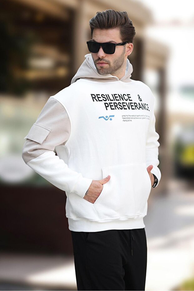 Ecru Hooded Pocket Detailed Printed Men's Sweatshirt 7058